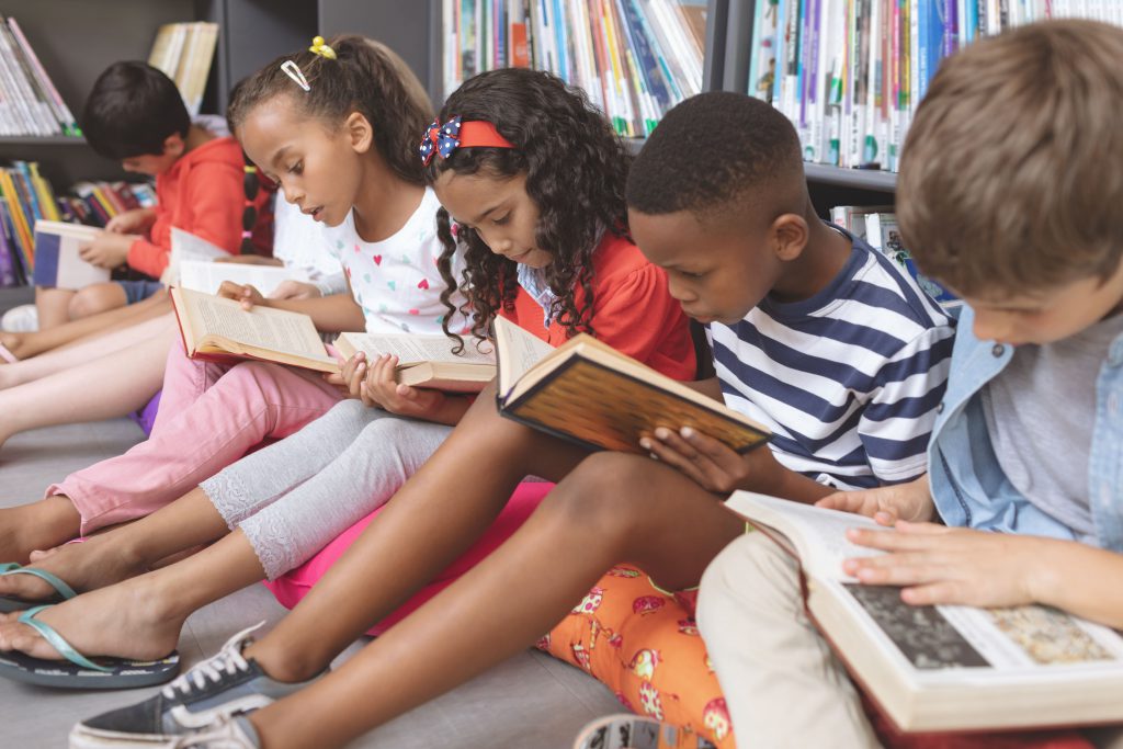 children reading in library